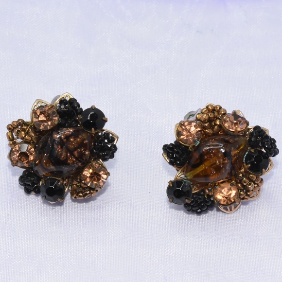 Vintage Alice Caviness Art Deco Amber & Black Onyx Cluster Filigree Earrings